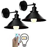 2 Light Black Wall Sconces Adjustable Swing Arm Wall Lamp, Led Remote Control Battery Operated Indoor Wireless Dimmable Wall Mount Light Fixture for Loft Bedroom, Battery Light Bulb Included