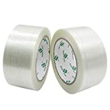 Mono Filament Strapping Tape, 2 Roll 2 Inch x 35 Yards 5.3 Mil, Heavy Duty Transparent Reinforced Fiberglass tape, BOMEI PACK