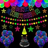 53 Pieces Glow Neon Birthday Party Supplies - Neon Balloons, Glow in the Dark Happy Birthday Banner with UV Black Light Reactive Cake Topper, Hats, Circle Dots Stars Garlands and Hanging Decorations