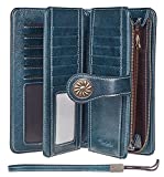 Travelambo Womens Large Capacity RFID Blocking Genuine Leather Wallets(Peacock Blue)