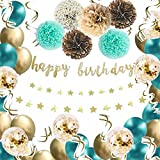 Teal Gold Birthday Decorations for Women Girls,Happy Birthday Banner,Paper Pompoms,Teal Gold Balloons,Hanging Swirl,Star String,suit for 13th 15th 16th 18th 20th 30th 40th 50th Birthday party