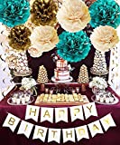 Teal Gold Birthday Party Decorations for Women Teal Champagne Gold Tissue Pom Pom Happy Birthday Banner Teal Birthday Decorations for Women/Girls (Teal Champagne Gold)