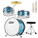 Drum Set Eastar 14 inch Drum Kit for Beginners, 3-Piece with Adjustable Throne, Cymbal, Pedal & Two Pairs of Drumsticks, Junior Drum Set with Bass Tom Snare Drum, Metallic Sky Blue