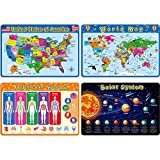 4 Pieces Educational Preschool Placemats for Toddlers and Kids, Non Slip Washable Reusable Learning Placemats for Nursery Homeschool Kindergarten Classroom Supplies (Map, Human Body, Solar System)