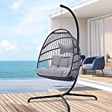 Swing Egg Chair with Stand Indoor Outdoor Wicker Rattan Patio Basket Hanging Chair with UV Resistant Cushions Aluminum Frame 350lbs Capaticy for Bedroom Balcony Patio (Grey)