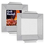 12in Grill Basket, HaSteeL Large BBQ Grilling Basket Wok for Vegetable, Kabobs, Shrimps, Heavy Duty Stainless Steel Grilling Accessories for All Grills, Dishwasher Safe - (2 Packs)