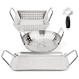 Uniflasy 3 Pack Grill Basket Set Grill Wok Grill Pans Grill Topper Set for Outdoor Grilling, Heavy Duty Stainless Steel BBQ Accessory, Grill Vegetable Basket with Handle for Grills Smoker Accessories