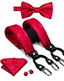 Dubulle Mens Red Suspenders Pre tied Paisley Bow tie Set with Pocket Square Y Shape Adjustable Braces Valentine's Day