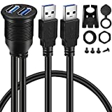 BATIGE 2 Ports Dual USB 3.0 Male to USB 3.0 Female AUX Flush Mount Car Mount Extension Cable for Car Truck Boat Motorcycle Dashboard Panel -3ft