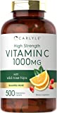 High Strength Vitamin C 1000mg | 500 Caplets | Ascorbic Acid with Wild Rose Hips | Non-GMO and Gluten Free Supplement | by Carlyle