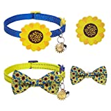 EXPAWLORER Kitten Collar with Bell - Safe Breakaway Cat Collar, Sunflower Pattern Adjustable Personalized Cat Collar with Bells and Pendants Set, Yellow & Blue Straps 2 Pack