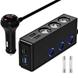 [Upgraded Version] Quick Charge 3.0 Cigarette Lighter Adapter, CHGeek 120W 12V/24V 3-Socket Car Power DC Outlet Splitter with 8.5A 4 USB Charging Ports & LED Voltmeter Power Switch Car Charger-Black