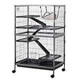 PawHut 50" H 4 Tier Steel Plastic Small Animal Pet Cage Kit for Little Rabbit Guinea Pig Ferret with Wheels Brakes Hammock Removable Tray - Silver Grey Hammertone