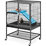 Topeakmart Rolling Metal Small Animal Cage for Adult Rats Ferrets Chinchillas Guinea Pigs Single Unit Critter Nation Cage w/Removable Ramp & Platform Black