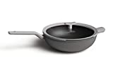 BergHOFF LEO Non-stick Cast Aluminum Wok 12.5" 6.2 qt. Grey Soft-touch Stay-cool Handle Silicone Rim Glass Lid Drain Hole Ferno-Green, PFOA Free Coating Induction Cooktop Fast Heating