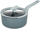 BergHOFF LEO Non-stick Cast Aluminum Saucepan 1.8 qt. Ferno-Green PFOA Free Coating Soft-touch Stay-cool Handle Silicone Rim Drain Hole Glass Lid Induction Cooktop Integrated Straining Function