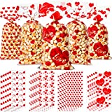 Zonon 200 Pieces Valentine's Day Cellophane Bags Valentine Candy Bags Goodies Bags with 200 Pieces Twist Ties for Wedding Birthday Valentine's Day Party Supplies Baby Shower, 4 Styles