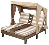 KidKraft Wooden Outdoor Double Chaise Lounge with Cup Holders, Kid's Patio Furniture, Gift for Ages 3+, Espresso with Oatmeal and White Striped Fabric, Gift for Ages 3-8