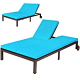 Tangkula 2-Person Patio Lounge Chair, Outdoor Rattan Double Wicker Daybed Chaise Lounge Chair with Adjustable Backrest Wheels & Cushion, Patio Sofa for Garden Lawn Backyard (Turquoise)