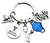 Kit's Kiss Medical Assistant Keychain MA Keychain Stethoscope Syringe Caduceus Medical Symbol Nursing School Graduation Medical Student Gift, Silver, Blue, Diameter of Key Ring : 1.2 inches (3 cm)