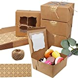 30 Pieces 6 inch Kraft Cake Boxes with Window, Brown Bakery Boxes, Cookie Box with Display, Brownie Boxes, Cardboard Food Boxes Treat Gift Boxes with Stickers for Cupcakes Pastries Donuts by Gbateri