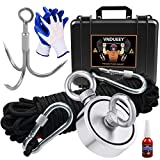 Fishing Magnet Kit, Fishing Magnets 1000 LBS Pulling-Includes Grappling Hook, Heavy Duty 65FT Rope, Gloves & Locking Carabiner,Threadlocker and Waterproof Carry Case - 2.95inch Diameter