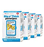 Petkin Petwipes, 400 Wipes  Big 'n Thick Extra Large Pet Wipes for Dogs and Cats  Cleans Face, Ears, Body and Eye Area  Super Convenient, Ideal for Home or Travel  4 Packs of 100 Wipes