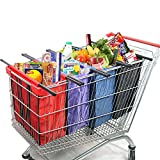 BeeGreen Trolley Bags Shopping Cart Bags Set of 4 Heavy Duty Reusable Grocery Bags Cart Organizer with Cooler Bag Removable Rods Colorful Grocery Shopping Bags-Black Red Purple Blue