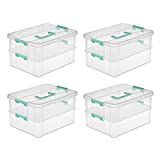 Sterilite Convenient Small Home 2-Tiered Layer Stack Carry Storage Box with Colored Accent Secure Latching Lid, Clear (4 Pack)