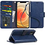 Arae Compatible with iPhone 12 Case and iPhone 12 Pro Case Wallet Flip Cover with Card Holder and Wrist Strap for iPhone 12/12 Pro 6.1 inch - Blue