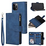 RANYOK Wallet Case Compatible with iPhone 12/12 Pro (6.1 inch), Premium PU Leather Zipper Flip Folio Wallet RFID Blocking with Wrist Strap Magnetic Closure Built-in Kickstand Protective Case - Blue