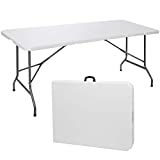 ZenStyle 6 ft Indoor Outdoor Heavy Duty Plastic Folding Table Portable Picnic Table Fold-in-Half Utility Table w/Handle and Steel Legs for Camping, Dining, Party, 71 x 27 Inch, White