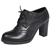 Odema Women Brogue Pumps Wingtip Lace-Up High Heel Oxfords Shoes Ankle Boots Black
