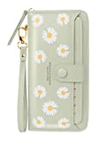 Nawoshow Women Leather Wallet RFID Blocking Zipper Pocket Wallet Card Case Purse with ID Window (Green(Flower))