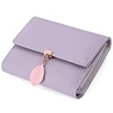 UTO Small Wallet for Women PU Leather Leaf Pendant Card Holder Organizer Zipper Coin Purse Light Purple