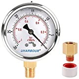 UHARBOUR Glycerin Filled Vacuum Pressure Gauge, 2-1/2" Clear dial,1/4"NPT Bottom Connection, Stainless Steel Case, Brass Movement, Dual Scales -30inHg/-1BAR-0