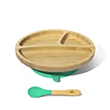 Avanchy Bamboo Suction Toddler Plate & Spoon - 9 Months and Older - Silicon Suction - Stay Put Plate - 8.5" x 2.5" (Green)