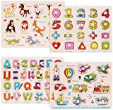 Wooden Peg Puzzles for Toddlers 2 3 Years Old, WOOD CITY Alphabet & Number Puzzles for Kids, 4 Pcs Toddler Puzzles Set - Letters, Numbers, Animals and Vehicles, Learning Toys Gift for Girls and Boys