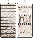 MISSLO Dual-sided Hanging Jewelry Organizer with 40 Pockets and 20 Hook & Loops Closet Necklace Holder for Earring Bracelet Ring Chain with Rotating Hanger, Beige