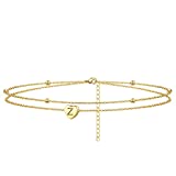 Initial Heart Anklet Bracelet Layered Heart Letter Z Bead Chain Anklet for Women 14K Real Gold Plated Beach Jewelry