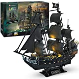 CubicFun 3D Puzzles Christmas 26.6" Pirate Ship Gifts with 15 LED Bulbs for Adults Sailboat Model Building Kits Hobby Toy, Cool Room Decor Gift for Men Queen Anne's Revenge, Difficult Family Puzzle