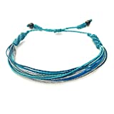 Aqua Bracelet - Hawaii String Surfer Bracelet Teal Blues Metallic Silver - Handmade Pull Cord Ocean Surf Jewelry for Men and Women by RUMI SUMAQ