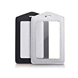 2 Pcs Vertical Leather ID Badge Holder Waterproof Clear Card Holder for School ID Office ID, Black and Silver Gray(Only Holder)