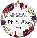 Our First Christmas as Mr and Mrs 2021 Tree Ornament, Bride and Groom Wedding Engagement Bridal Shower Married Marriage Modern Just Married Flower Floral Rose Ceramic Christmas Ornament