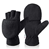 Mens Womens Winter Fingerless Gloves: 3M Thinsulate Thick Warm Fleece Convertible Mittens for Photographer in Cold Weather - Black Large