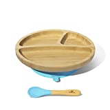 Avanchy Bamboo Suction Toddler Divider Plate & Spoon - 9 Months and Older - Silicon Suction - Stay Put Plate - 8.5" x 2.5" (Blue)