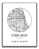Chicago IL City Street Map Wall Art - 11x14 UNFRAMED Modern Abstract Black & White Aerial View Decor Print with Coordinates. Makes a great Chicago Illinois-Themed Gift.