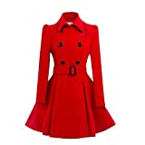 ForeMode Women Swing Double Breasted Wool Pea Coat with Belt Buckle Spring Mid-Long Long Sleeve Lapel Dresses Outwear(Red3,Small)