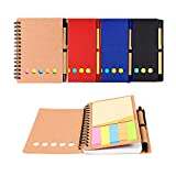 Kisdo 4 Packs Lined Spiral Notebook Kraft Paper Cover Notepad with Pen In Holder, Sticky Notes and Page Marker Colored Index Tabs, 4.5“x5.5” Steno Pocket Business Notebook