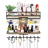 SOLIMINTR Jewelry Organizer Wall Mounted Skincare Product Organizer with Rod Rustic Wood Hanging Storage Shelves Rack Double-layer Holder Display for Necklaces Earrings Bracelet Ring Weathered Grey